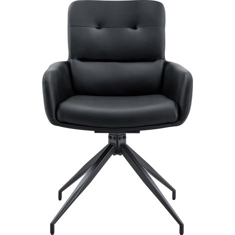 Ensemble table à manger ronde avec 2 chaises, verre trempé Ø 85 cm, fauteuils pivotants en similicuir noir, base métal (1/5)
