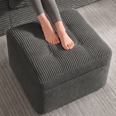 Fabulcozy Pouf ottoman 60 cm en velours côtelé - Repose-pieds confortable avec mousse double couche, grand pouf moelleux et base solide, repose-pieds pour salon, gris (1/5)