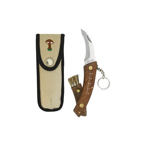 Pilzförmiges Edelstahlmesser mit Schlüsselring und Scheide, 7,5 cm Klinge