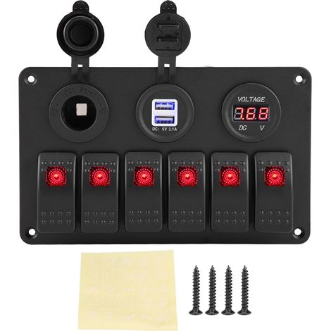 6 Gang Étanche ON-OFF Interrupteur À Bascule Panneau Double Prise De Charge USB Chargeur LED Voltmètre 12V 24V Prise De Courant Pou Bateau Marine VR Camion Camping Véhicules (Rouge) (1/5)