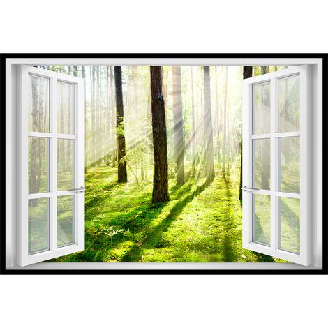 Affiche encadrée fenêtre forêt soleil