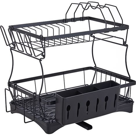 Organisateur de cuisine noir à 2 niveaux avec porte-tasses, boîte à baguettes, support pour planche à découper, support pour casseroles et bac de récupération des graisses. (1/5)