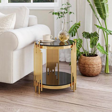 Tavolo rotondo in vetro 2 ripiani nero oro OKMYHOME (1/5)