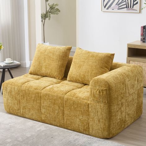 Sofa 2-Sitzer aus Chenille in Gelb 158 x 90 x 60 cm mit Chaise-Lounge-Stil und Seitentaschen