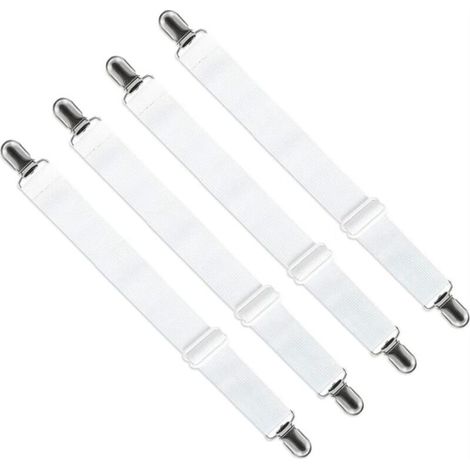 Verstellbarer Spannbettlaken-Spanner (65 cm bis 200 cm), Befestigungsclip, verstellbares Halteband für Bettlaken, Sofa, Bügelbrettbezug (Weiß, 4er-Set) (1/5)