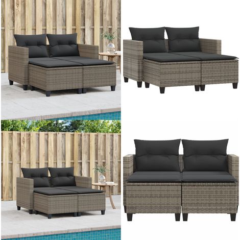 Canapé de jardin 2 places avec tabourets gris résine tressée - Canapé De Jardin - Mobilier De Jardin - Salon De Jardin - Ensemble Extérieur - Chaise Longue - Home & Living (1/5)