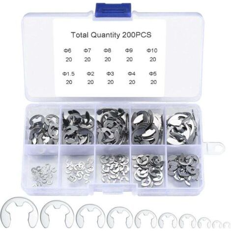 Kit Assortiment 200 Éclips Anneaux Retenue Acier Inoxydable Tailles 1.5 à 10 mm