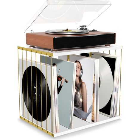 Porte Vinyle Bois Cadre Vinyle avec 3 Compartiments Style Vintage Multifonctionnel Meuble Porte Disque Vinyle pour Exposer jusqu'à 80-100 Album et Magazines pour Salon, Bureau et Studio(Blanc) (1/5)