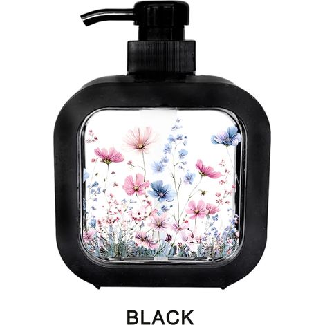 (Noir 300 ml) Distributeur de savon liquide rechargeable à motif floral rose et bleu, flacon pompe pour salle de bain et cuisine. (1/5)