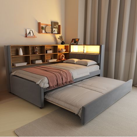 lit adulte gigogne rangement 90x200 flanelle gris OKMYHOME (1/5)