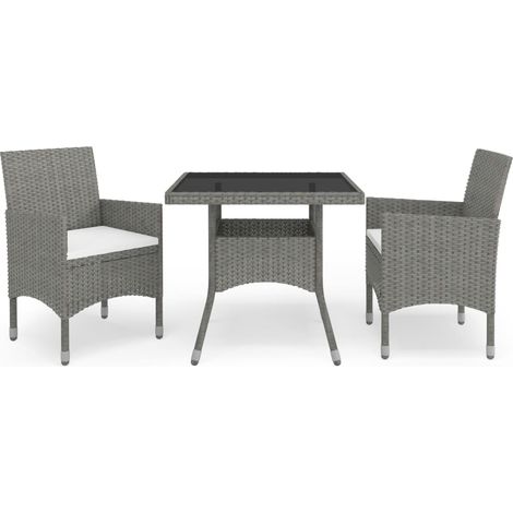 3-tlg. Garten-Essgruppe Grau Poly Rattan und Glas