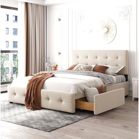 Polsterbett mit 4 Schubladen Beige mit Lattenrost OKMYHOME (1/5)