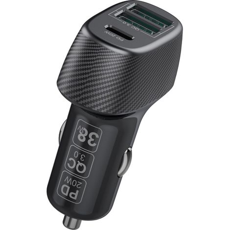 38W Multi Port 2x USB 1x Typ-C Auto-Ladegerät KFZ QC 3.0 Fast Charge schwarz (1/2)