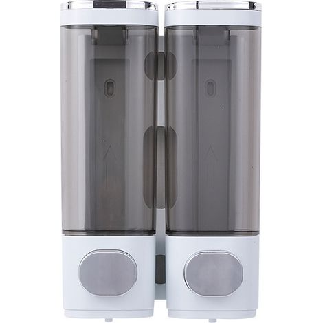 Dispenser di sapone a doppia testa da parete, porta sapone manuale, flacone per sapone liquido, dispenser per shampoo e gel doccia, argento