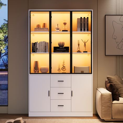 Vitrine de collection LED RGB 120x30x200 cm, bibliothèque à portes vitrées, 3 tiroirs, 13 compartiments, Bluetooth - Couleur Blanc (1/5)