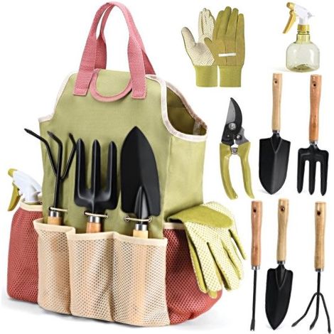 Ensemble de 9 outils de jardin – pelle – Sac de rangement inclus – Idéal pour le jardinage et le jardinage – Vert (1/5)