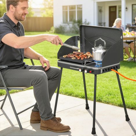 Barbecue portable gaz 2-en-1 propane 20000 BTU table ou debout grande plaque amovible pieds, noirs