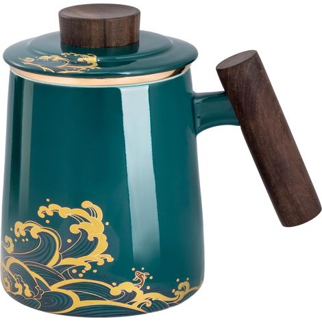 Tasse thé céramique 420 ml avec infuseur/couvercle, motifs vagues vert foncé (1/5)