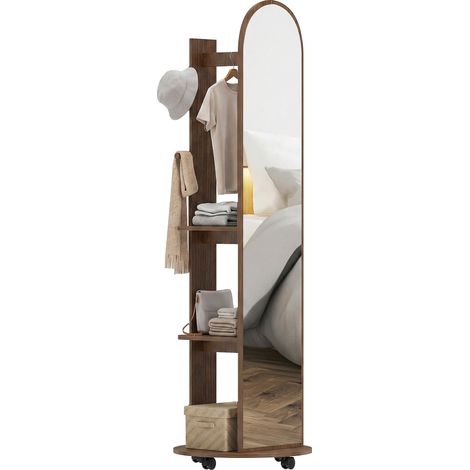 HOMCOM 2-in-1 Full Length Mirror with Shelves, 4 Wheels, Brown Wood Effect