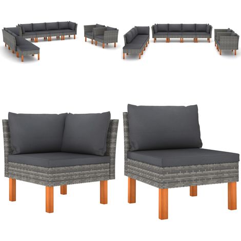 Set Divani Giardino 10pz Polyrattan Legno di Eucalipto Grigio - Poltrona da giardino - Set di divani