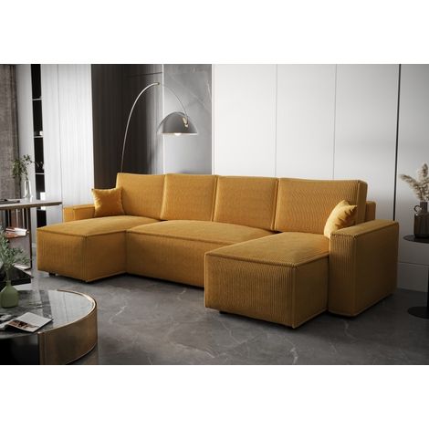 Canapé panoramique convertible AMBRI en velours côtelé – 6 places - 300 cm - Jaune (1/5)