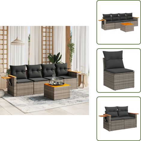5-tlg. Garten-Sofagarnitur mit Kissen Grau Poly Rattan - Gartenmöbel - Sofasatz - Rattan Möbel - Outdoor Möbel - Balkonmöbel (1/5)