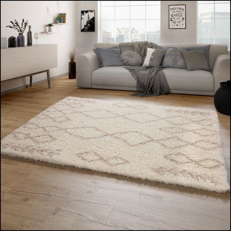 Paco Home Hochflor Teppich Wohnzimmer Shaggy Langflor Skandinavisches Rauten Muster Modern 120x160 cm, Creme