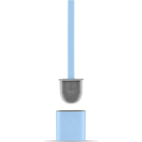 Brosse WC Silicone Plate- Brosse Toilette et Supports, Anti-goutte, Antibactérienne, Balayette WC Ventilée, Séchage Rapide sans Odeur, Balai WC Montage Mural/au Sol, Salle de Bain et WC, Bleu (1/5)