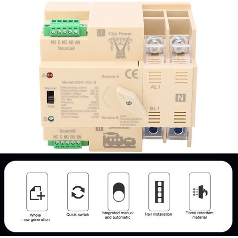 White Premium W2R-100 Erweiterter automatischer Umschalter für zwei Stromversorgungen, 2-polig, 63 A, 220 V (1/5)