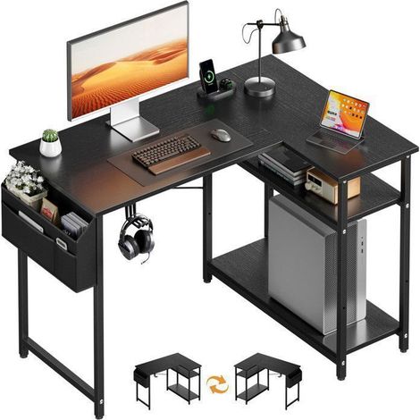 Corner Desk - ECOFURNIX - Minimalist - 110x80cm - Adjustable Height - Black