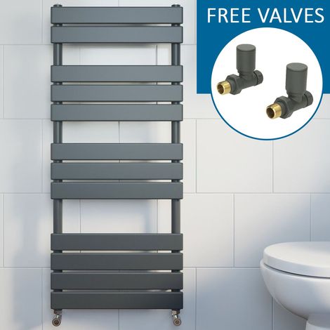 Anthracite Flat Panel Heated Towel Rail Grey Bathroom Radiator 1200 x 600mm & Straight Valve