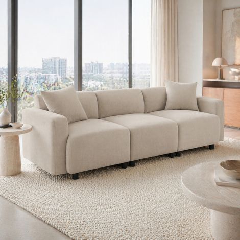 Canapé droit 3 places 211×67×71 cm – 2 coussins – Tissu chenille beige– Charge max 450 kg – Pour salon, chambre, bureau (1/5)
