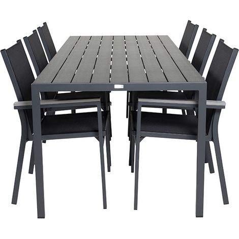 Break Gartenset Tisch 90x205cm schwarz, 6 Stühle schwarz.