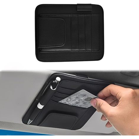 Organizer in pelle per aletta parasole interna dell'auto, ideale per occhiali, carte e altri oggetti, con clip (nero)