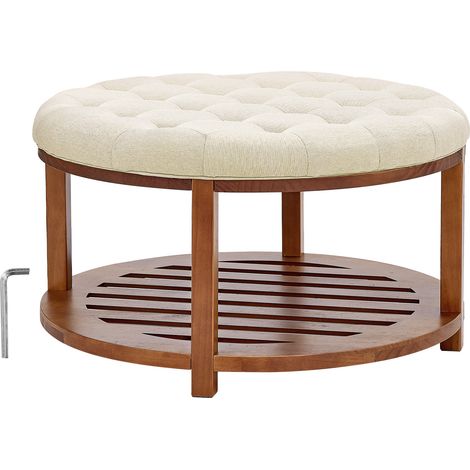 Mophorn Tavolino da caffè rotondo 810 x 810 x 476 mm con contenitore in legno massello, poggiapiedi rivestito in lino per camera da letto e soggiorno, capacità di carico 158,76 kg, colore lino (1/5)