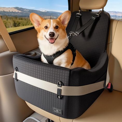 Siège Auto pour Chien, pour Chiens Petits/Moyens jusqu'à 15kg – Coussin Mémoire de Forme 13cm, Housse Lavable, Coussin Double Face, Idéal pour Voyage– Noir (1/5)