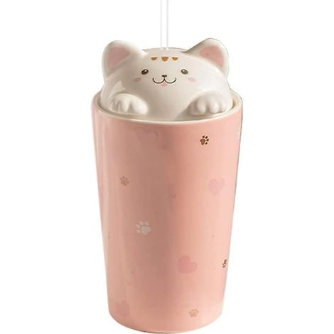 Kaffeebecher mit Katzenmotiv und Strohhalm, Keramik-Reisebecher mit 3D-Kätzchendeckel, wiederverwendbar, für Tee, Milch und Bubble Tea