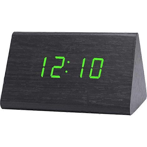 Réveil numérique en bois avec veilleuse LED USB, thermomètre et affichage LED, Qinhai noir et vert (1/5)