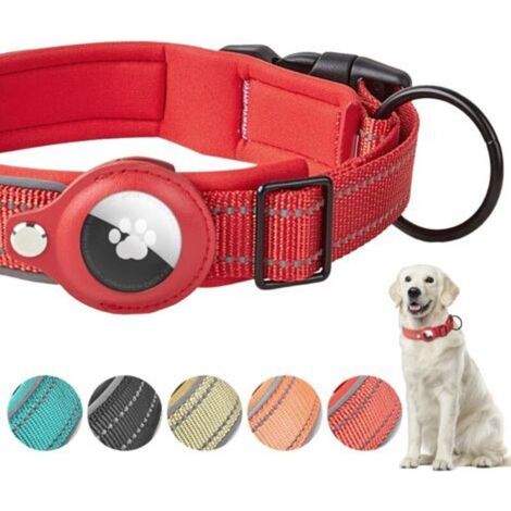 Nylon-Hundehalsband mit AirTag-Einheit – Reflektierend und verstellbar – Optimaler Tragekomfort für alle Größen – Rot, Größe L (1/4)