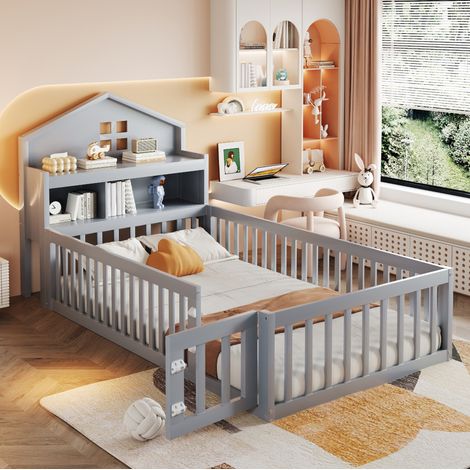 Lit enfant cabane 180 x 200 cm en bois gris avec rangements et barrière de sécurité (1/5)
