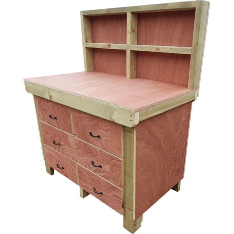 Wooden Eucalyptus hardwood top workbench, tool cabinet with drawers (V.2) (H-90cm, D-70cm, L-120cm) with back