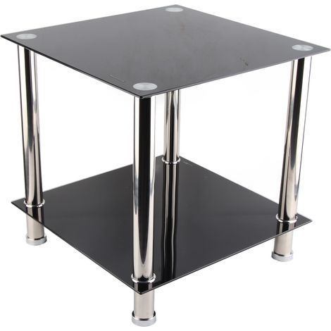 Rosvola Table basse en Trempé verre– Table d'appoint fine avec étagère pieds en acier inoxydable poli – 85 x 45 x 45cm