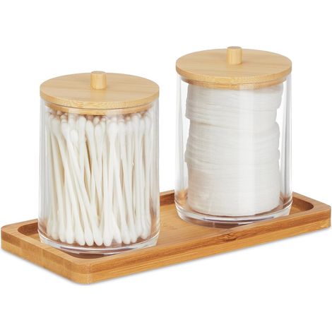 2 Récipients Coton-tiges, Plastique Transparent, Tablette Bambou, Salle De Bain