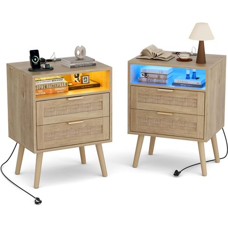 Table de Chevet Lot de 2 avec Lumière Réglable, Table de Nuit, Prise intégrée et Ports USB-C, Compartiment Ouvert et 2 Tiroirs en Cannage, Pieds en Bois Massif, Rotin Naturel (1/5)