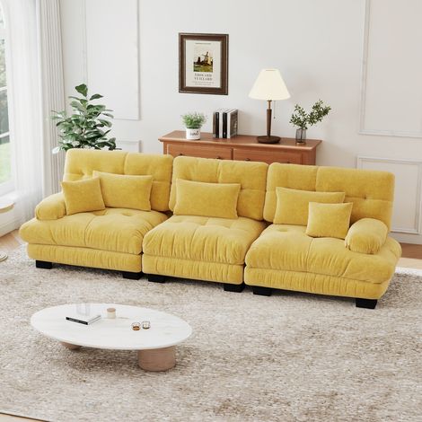 Canapé 3 Places Nuage 313x77x81 cm en Tissu Chenille Clair – Sofa Double pour Salon, avec Structure en Bois Massif, 2 Coussins Lombaires et 2 Coussins Décoratifs, Jaune (1/5)