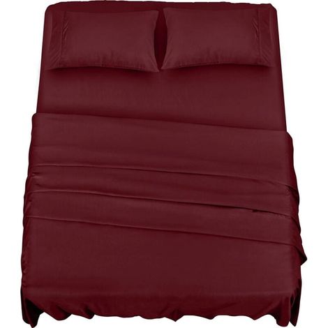 Polyester Microfibre Parure de lit (4 pièces, Bordeaux) - 1 Drap Housse 150x200cm, 1 Drap Plat 266x259cm et 2 Taies d'oreiller 50x75cm (1/5)
