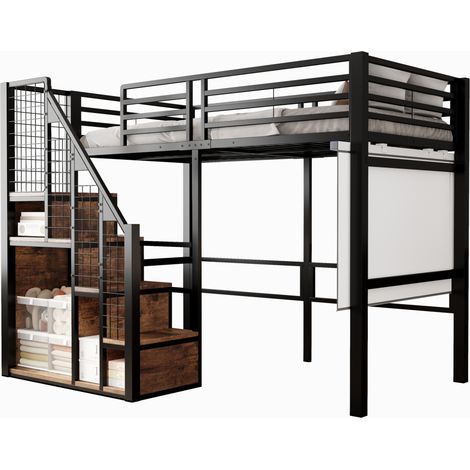 Cama alta metálica negra 90 x 200 con escalera y almacenaje HOMVRA (1/5)