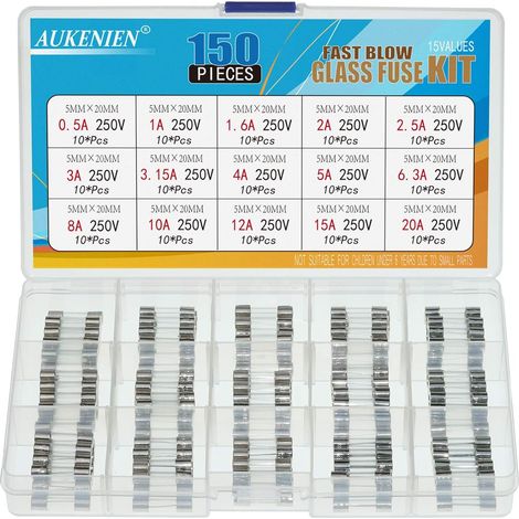 15 Werte, 150 Stück Glassicherungen 0,5 1 1,6 2 2,5 3 3,15 4 5 6,3 8 10 12 15 20A Ampere 250V 5x20mm Schnellschmelz-Glassicherungssortiment für Haushaltsgeräte
