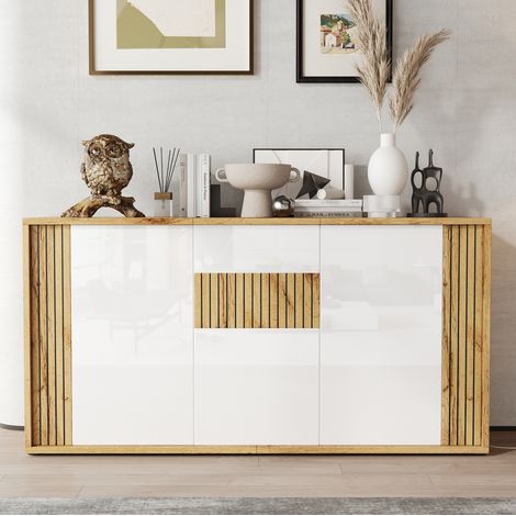 Sideboard mit 3 Türen 140 x 35 x 71 cm aus MDF und Spanplatte Weiß/Naturholz (1/5)