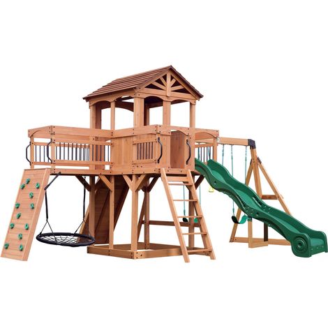 Backyard Discovery – Aire de jeux en bois avec toboggan 305 cm – 2 balançoires à pneus – Parois rocheuses 150 cm – Balançoire nid 100 cm – Pour enfants +3 ans